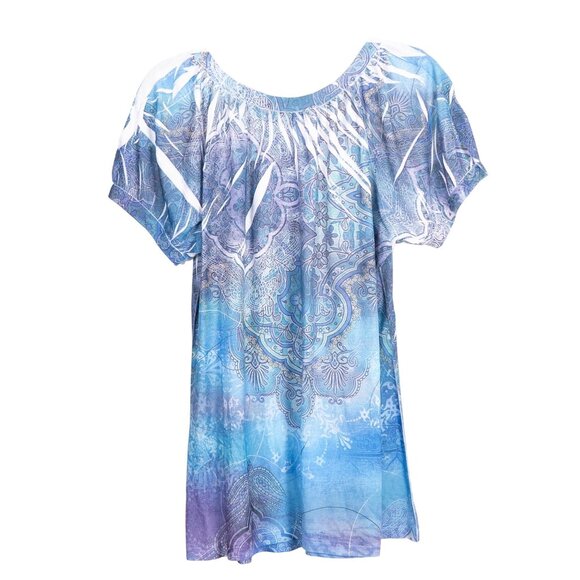 B.L.E.U. Tunic Shirt L Womens NEW Blue Purple Sublimation Boho Short Sleeve - Picture 5 of 5